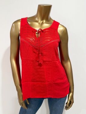 Braeve Women Red Lace Trim Boho Peasant Sleeveless Blouse Top Size M